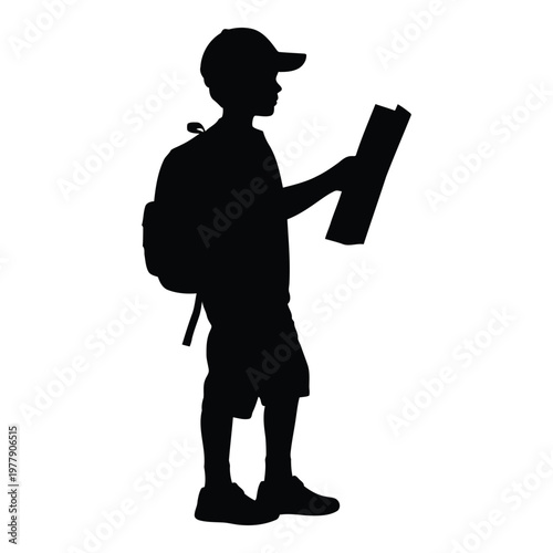 Person holding open book or folder while wearing backpack and cap silhouette style vector on white background