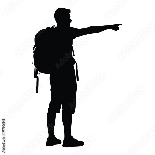 Person pointing forward while wearing backpack and outdoor clothing silhouette image vector on white background