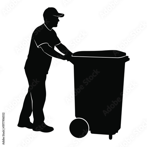 Person pushing large wheeled trash bin for waste collection and disposal service vector on white background