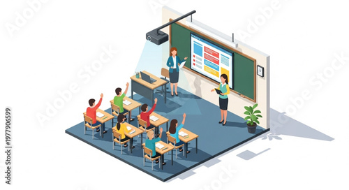 Isometric Classroom Scene with Teacher and Students Engaging in Interactive Learning.