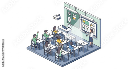 Isometric classroom scene with students, teacher, and projector in action.