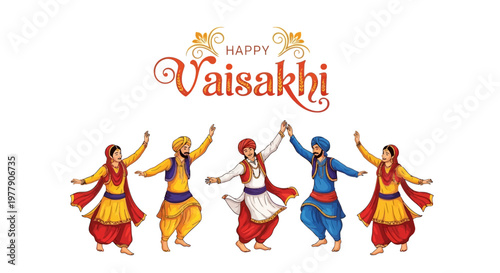 Vaisakhi celebrations are depicted in this vector illustration with dancing figures dressed in traditional Punjabi attire, celebrating the harvest festival, set against a clean white