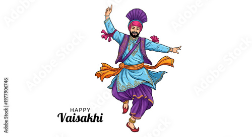 A traditionally dressed Punjabi man performs a joyful dance in a vibrant vector illustration celebrating the Vaisakhi festival, showcasing the rich cultural heritage against a clean white