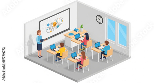 Classroom scene with teacher and students learning with computers and interactive whiteboard.