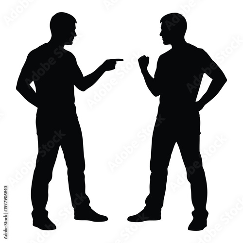 Two people silhouette arguing with pointing gestures in casual attire vector on white background