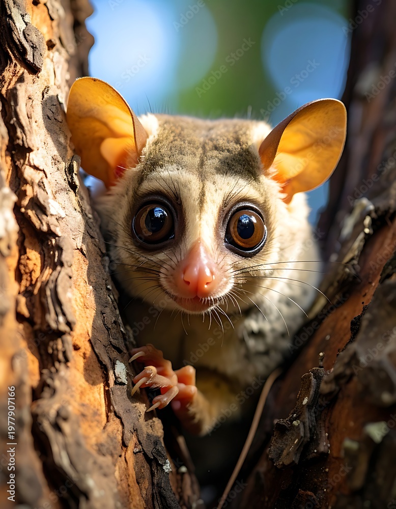 Fototapeta premium A small, nocturnal primate with large eyes and ears, peeks out from a tree branch, looking curious