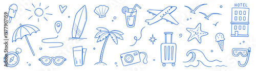 Summer beach icon element set. Hand drawn doodle sketch with sun, sea, travel vacation holiday trip. Cute beach icon elements with sunglasses umbrella palm camera suitcase. Vector illustration