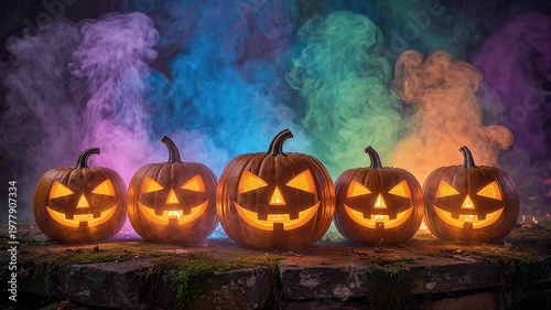 A row of five carved Halloween pumpkins with lit interior lights, arranged on a mossy surface. Behind the pumpkins, thick, colorful smoke billows.