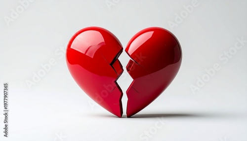 Symbolic vivid red heart, broken into two distinct halves, powerfully conveying profound heartbreak, emotional distress, and loss