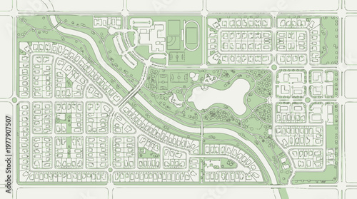 Urban Master Plan Illustration: Sustainable Residential Neighborhood Map with Park, River, and Sports Facilities