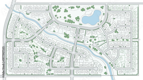 Aerial Site Plan of a Modern Residential Neighborhood with Green Spaces, Housing Plots, and a Park with a Pond - Architectural Master Plan Illustration