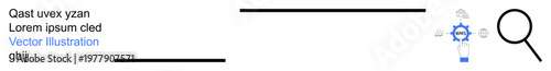 Data management, analysis tools, research, online search, automation, system optimization. Conceptual design with magnifying glass and settings gear. Data management and analysis tools concept