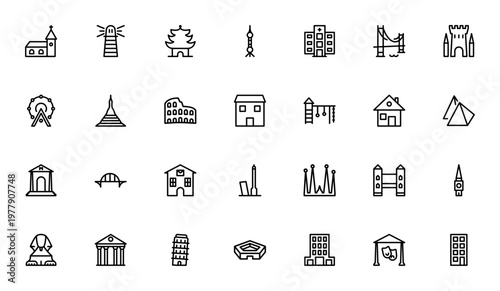 Places icon set. Vector landmarks collection. Includes Church, Lighthouse, Pagoda, Hospital, Castle, Museum, Bridge, Bank, Theater and more. Editable stroke.