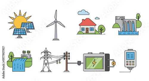 Renewable Energy Sources and Power Grid Icons Set: Solar, Wind, Hydro, Battery Storage