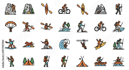 Extreme Sports Icon Set: Adventure, Outdoors, Recreation, Activities, Icons, Vector Illustrations