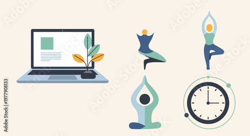 Laptop, Yoga Poses, and Clock - Remote Work Wellness Concept