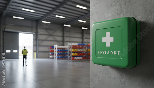 Green first aid kit box with white cross symbol mounted on concrete wall in industrial warehouse. Worker in safety vest stands near open bay door in background. Industrial Safety & Workplace
