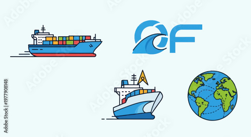 Container Ships and Globe Icons: Global Shipping and Logistics Concept