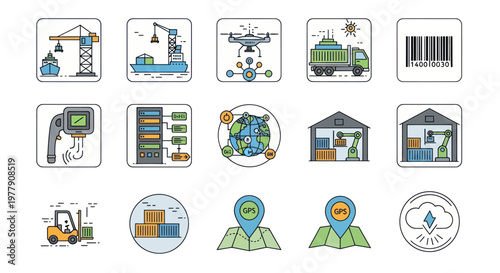 Logistics Industry Icons: Shipping, Drone, Truck, Warehouse, GPS, Cloud Icons