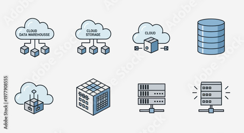 Cloud Computing Icons: Data Warehouse, Storage, Servers, Database, Network