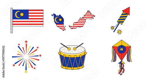 Malaysia National Day Celebration Icons: Flag, Map, Fireworks, Drum, Kite