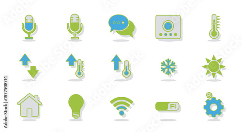 Smart Home Icons Set: Thermostat, Wifi, Microphone, Light Bulb, Snowflake, Sun, House