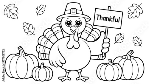 A whimsical cartoon character celebrating a harvest with pumpkins and autumnal decorations. Vector