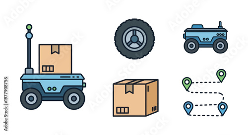 Autonomous Delivery Robot with Package, Wheel, Cardboard Box, and Route Map Icons
