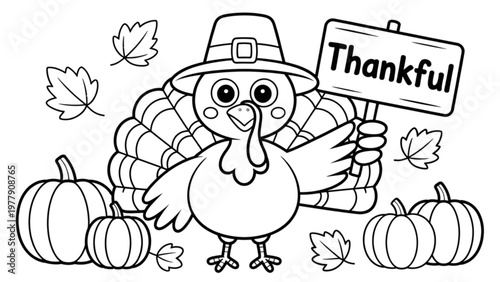 A thankful turkey surrounded by autumnal decorations and a family sharing a meal Vector