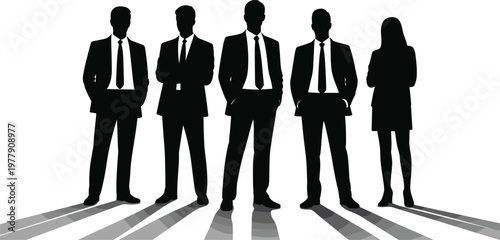 Successful business team silhouettes with long shadows, professional corporate group icons for leadership and partnership design