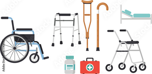 Medical Mobility Equipment Collection Featuring Wheelchair Walker Crutches Cane Hospital Bed and First Aid Kit Vector Illustration for Healthcare Design.