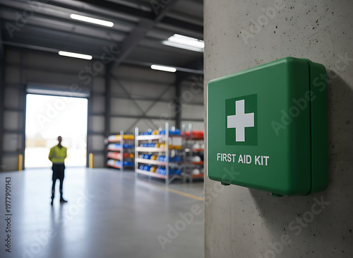 Green first aid kit box with white cross symbol mounted on concrete wall in industrial warehouse. Worker in safety vest stands near open bay door in background. Industrial Safety & Workplace
