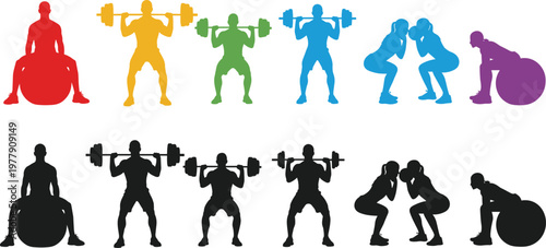 Fitness people silhouettes performing weightlifting and squat exercises isolated on white background, gym workout strength training concept vector collection set