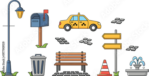 City Street Elements Collection Featuring Taxi Cab Mailbox Street Lamp Park Bench Trash Can And Water Fountain Vector Illustration for Urban Design.
