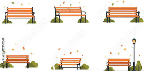 Set of Wooden Park Benches with Autumn Leaves and Street Lamp Vector Illustration for City Garden and Outdoor Public Space Design.