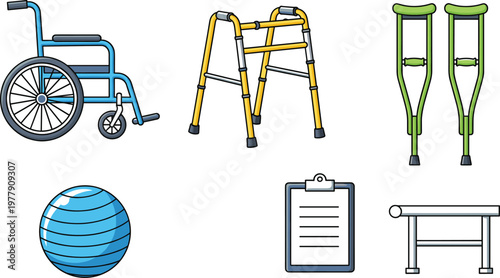 Physical Therapy and Mobility Equipment Collection Featuring Wheelchair Walker Crutches Exercise Ball and Medical Clipboard Vector Illustration for Healthcare.