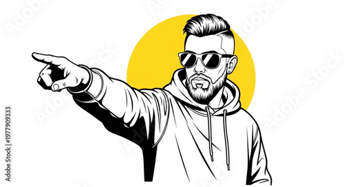 Stylish Man with Sunglasses Pointing Forward in a Graphic Illustration.