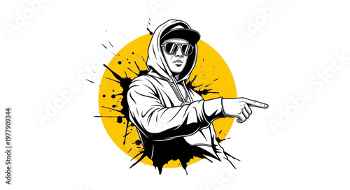 Stylized Illustration of a Man in Hoodie and Sunglasses Pointing Right.