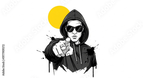 Intense hooded figure pointing forward with confidence and style in monochrome.