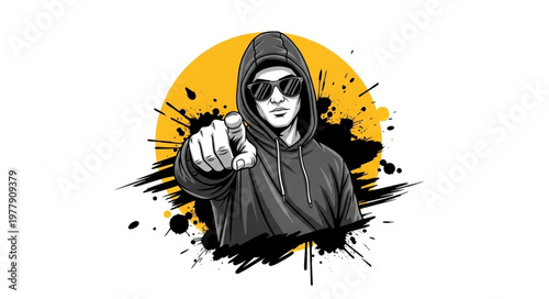 Intense hooded figure pointing directly forward, wearing sunglasses, with a determined gaze.
