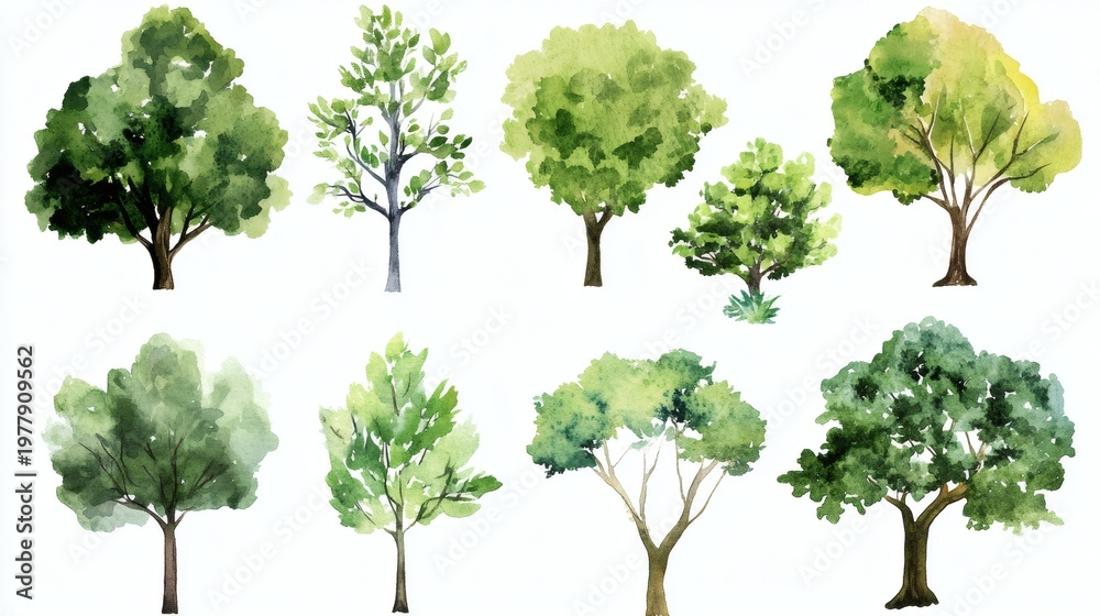 Fototapeta premium Watercolor illustrations of twelve different green trees arranged in two rows on white background