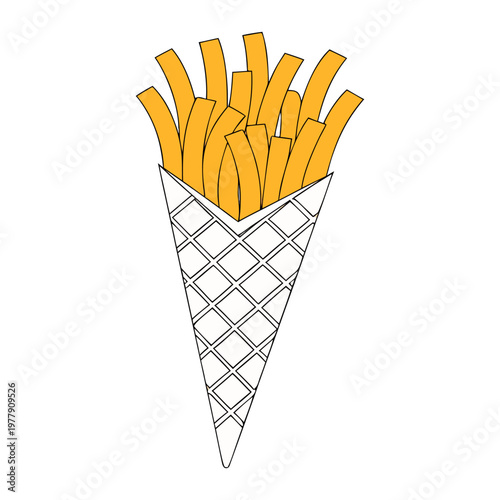 Delicious salty potato fries snack vector illustration isolated on white background featuring golden fried sticks in a brown box for a fast food meal.