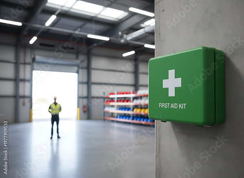 Green first aid kit box with white cross symbol mounted on concrete wall in industrial warehouse. Worker in safety vest stands near open bay door in background. Industrial Safety & Workplace