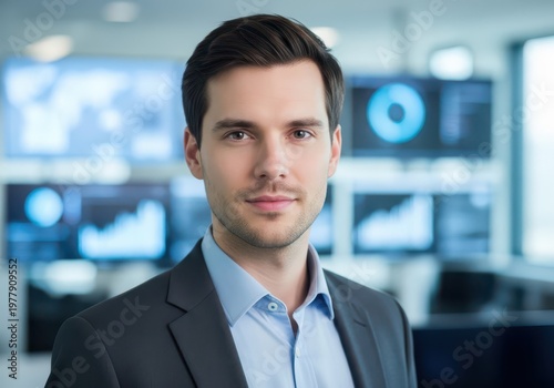 Professional businessman stands confidently in a modern high-tech office environment.