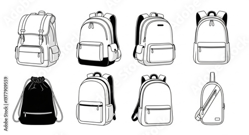 Collection of Backpack Sketches - School Supplies and Travel Gear.