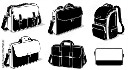 Diverse Collection of Black and White Bag Illustrations.