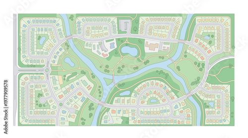 Aerial View Illustrative Site Plan of a Suburban Residential Neighborhood with Green Spaces and a River