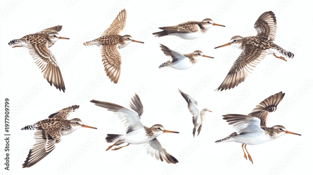 Obraz premium Illustration of twelve sandpipers and similar shorebirds in various flight poses on white background