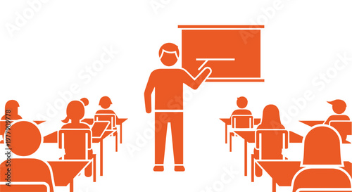Teacher standing at classroom board.