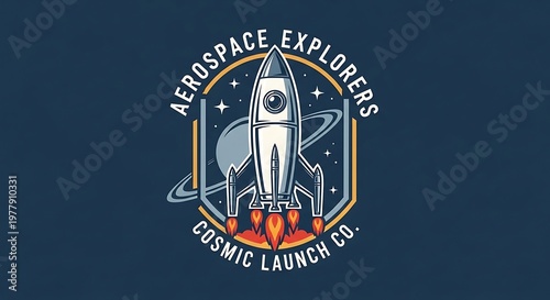 Aerospace explorers logo rocket ship stars planets and cosmic launch theme